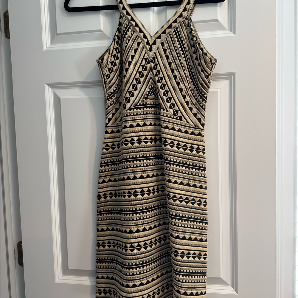 Shoshanna Black and Tan Geometric Midi Dress